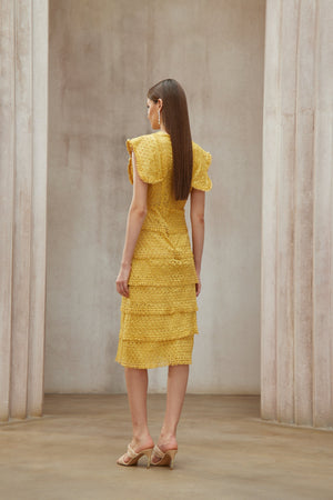 Aurohaya Fidji Yellow Layered Embroidered Midi Dress