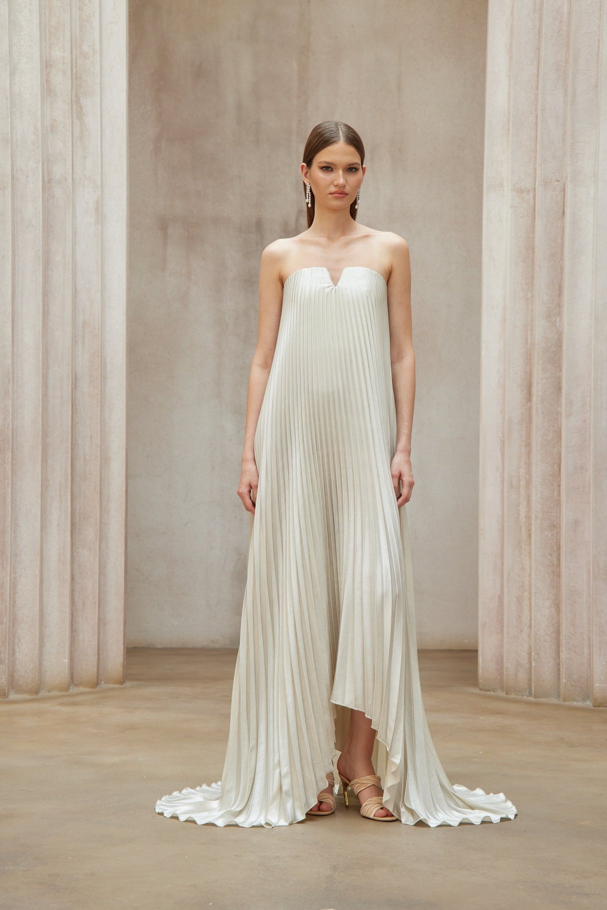 Aurohaya Satiné Gold Fully-pleated Maxi Dress