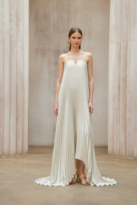 Aurohaya Satiné Gold Fully-pleated Maxi Dress