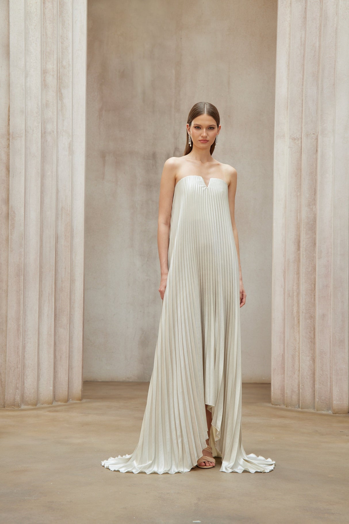 Aurohaya Satiné Gold Fully-pleated Maxi Dress