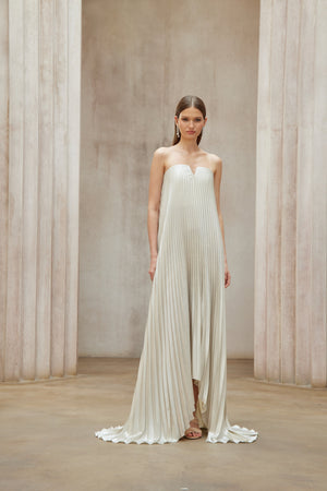 Aurohaya Satiné Gold Fully-pleated Maxi Dress