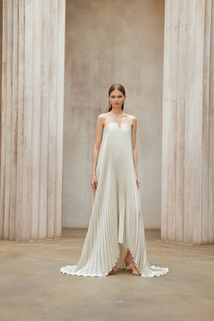 Aurohaya Satiné Gold Fully-pleated Maxi Dress