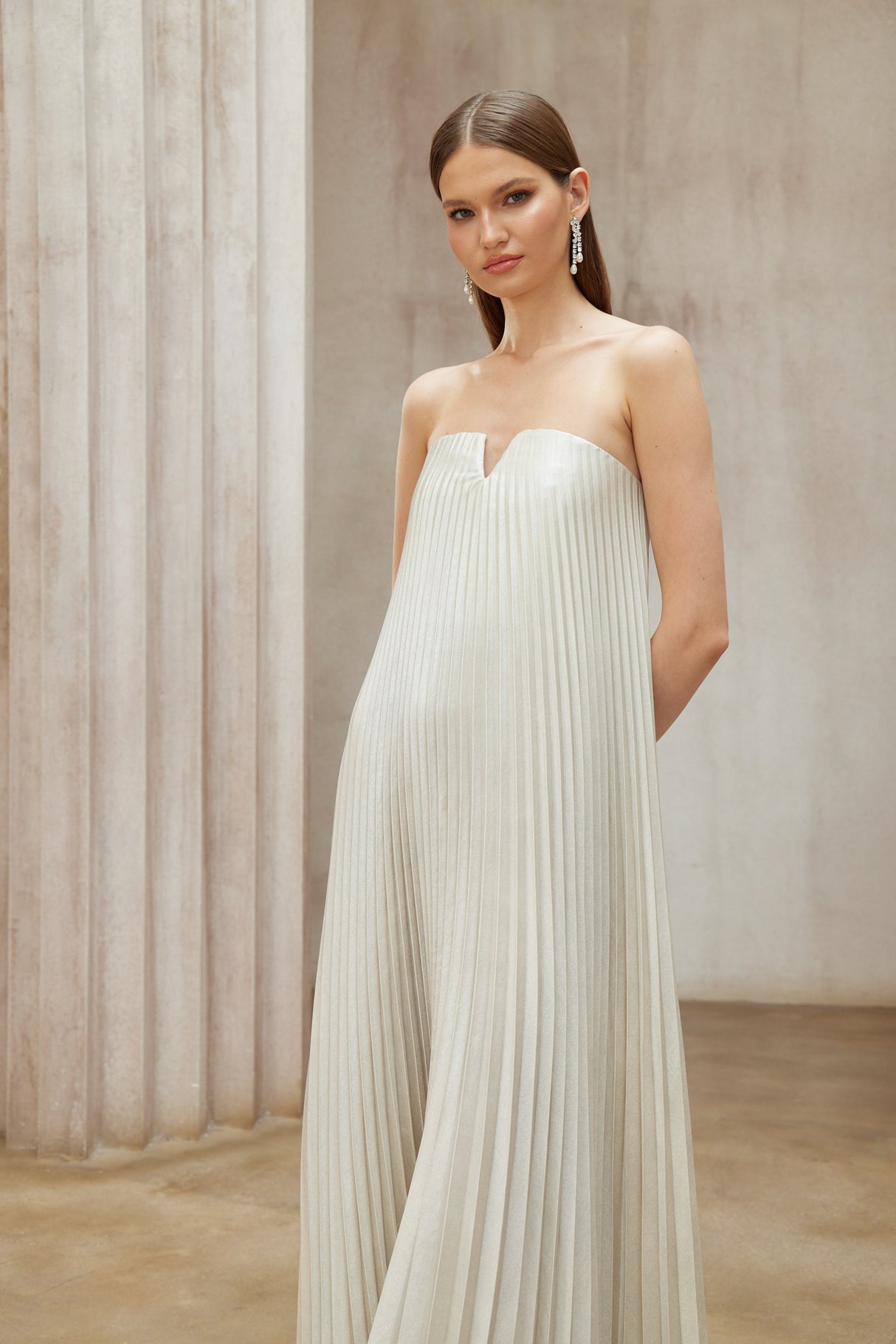 Aurohaya Satiné Gold Fully-pleated Maxi Dress