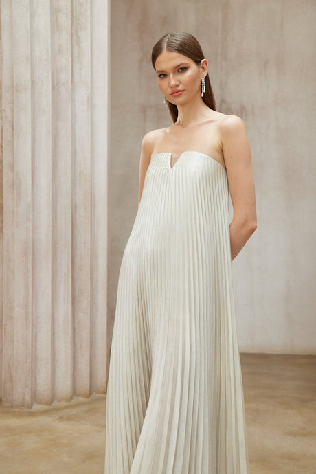 Aurohaya Satiné Gold Fully-pleated Maxi Dress