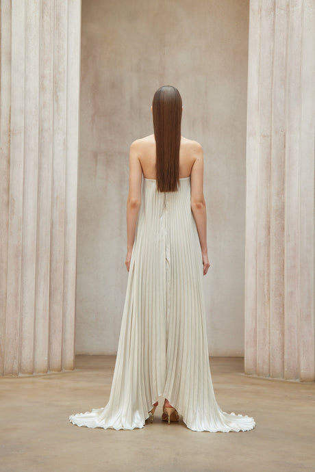 Aurohaya Satiné Gold Fully-pleated Maxi Dress