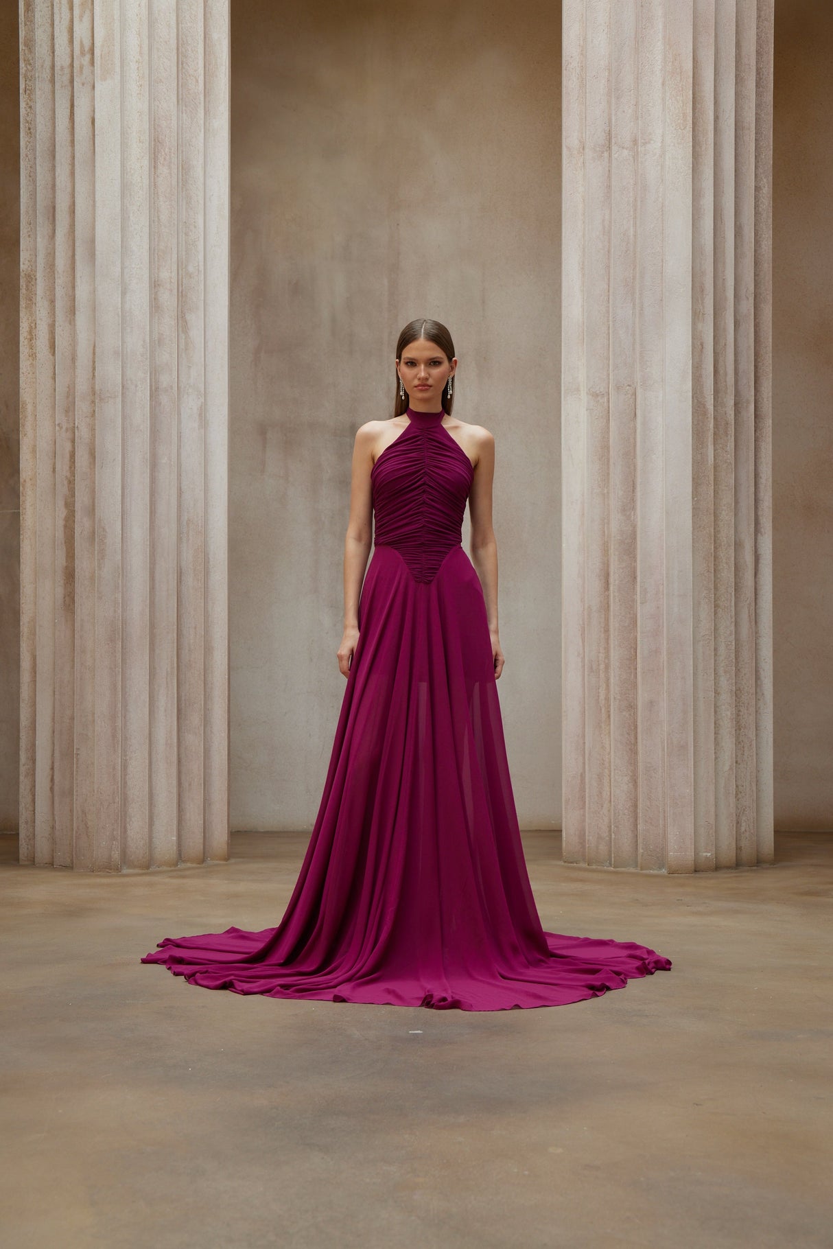 Aurohaya Kerstin Purple Train Design Ruched Maxi Dress
