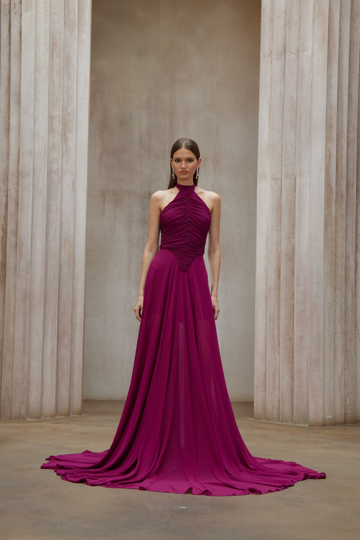 Aurohaya Kerstin Purple Train Design Ruched Maxi Dress