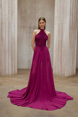 Aurohaya Kerstin Purple Train Design Ruched Maxi Dress