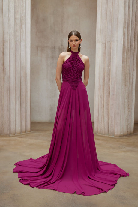 Aurohaya Kerstin Purple Train Design Ruched Maxi Dress