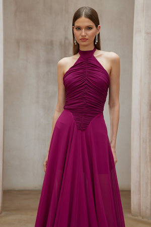 Aurohaya Kerstin Purple Train Design Ruched Maxi Dress