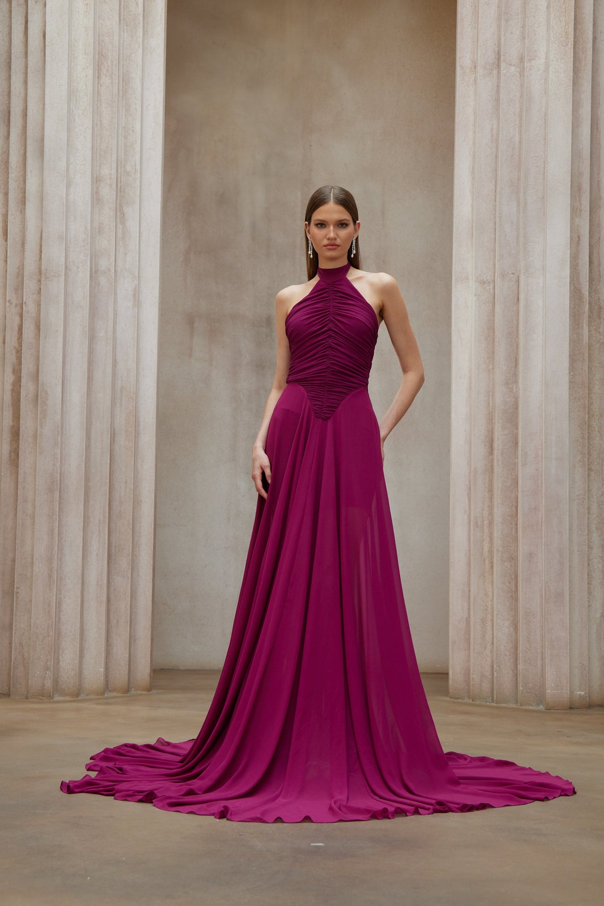 Aurohaya Kerstin Purple Train Design Ruched Maxi Dress