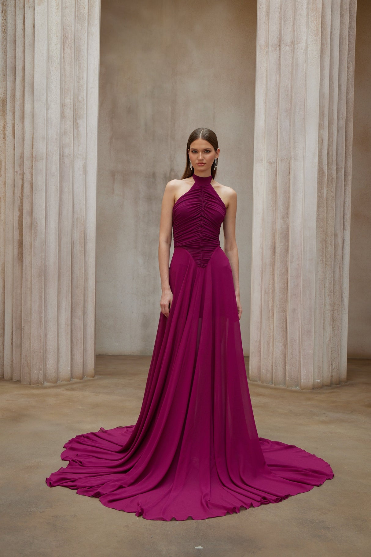 Aurohaya Kerstin Purple Train Design Ruched Maxi Dress