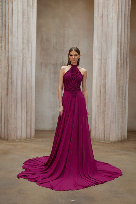 Aurohaya Kerstin Purple Train Design Ruched Maxi Dress