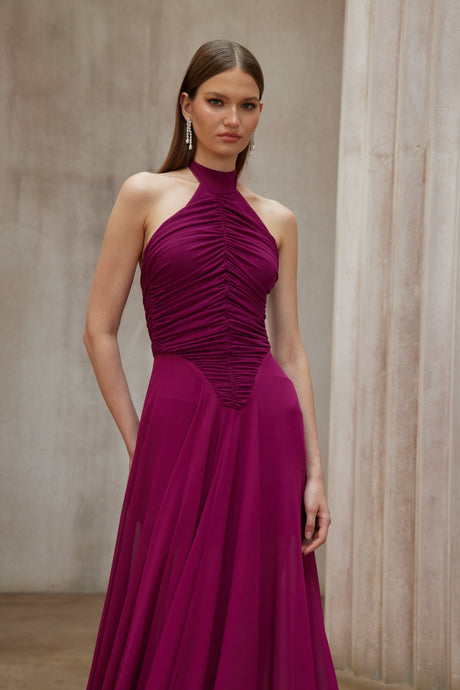 Aurohaya Kerstin Purple Train Design Ruched Maxi Dress