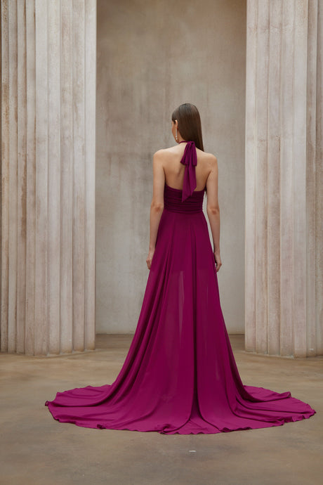 Aurohaya Kerstin Purple Train Design Ruched Maxi Dress