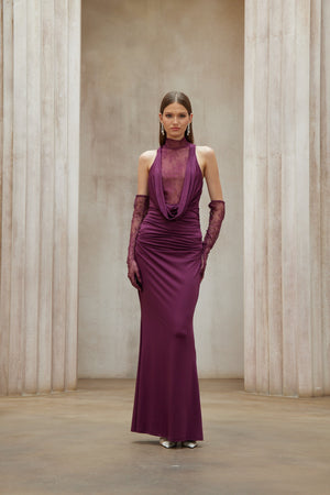 Aurohaya Borbála Magenta Lace Bodice Ruched Maxi Dress