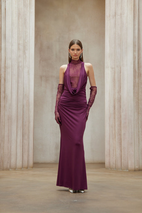 Aurohaya Borbála Magenta Lace Bodice Ruched Maxi Dress