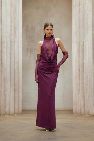 Aurohaya Borbála Magenta Lace Bodice Ruched Maxi Dress