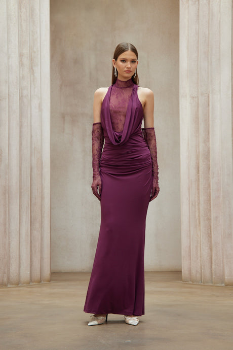 Aurohaya Borbála Magenta Lace Bodice Ruched Maxi Dress