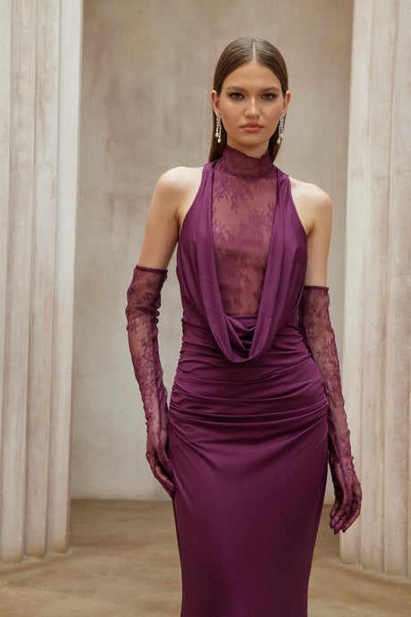 Aurohaya Borbála Magenta Lace Bodice Ruched Maxi Dress