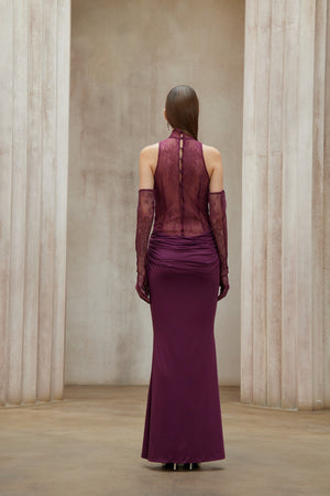 Aurohaya Borbála Magenta Lace Bodice Ruched Maxi Dress