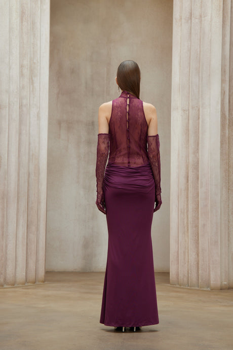 Aurohaya Borbála Magenta Lace Bodice Ruched Maxi Dress