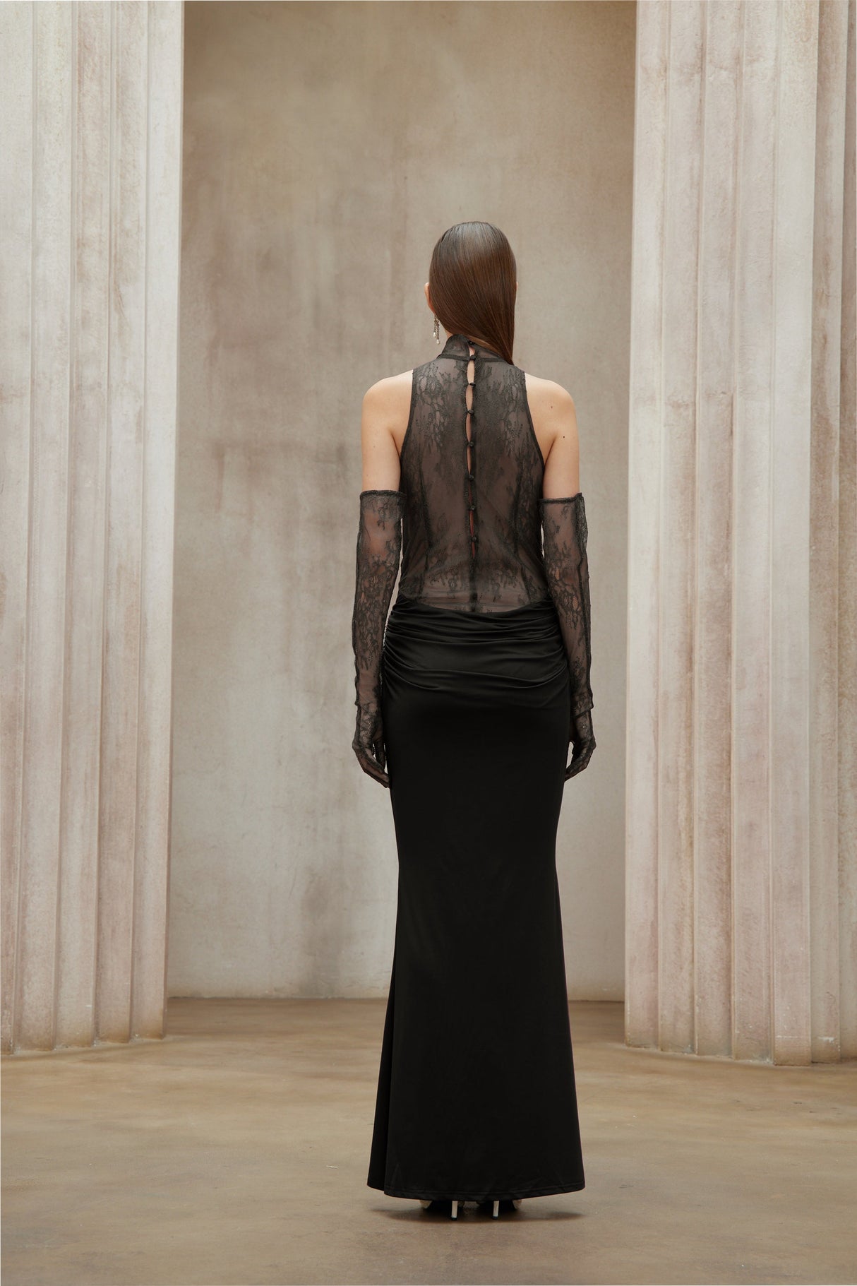Aurohaya Borbála Black Lace Bodice Ruched Maxi Dress
