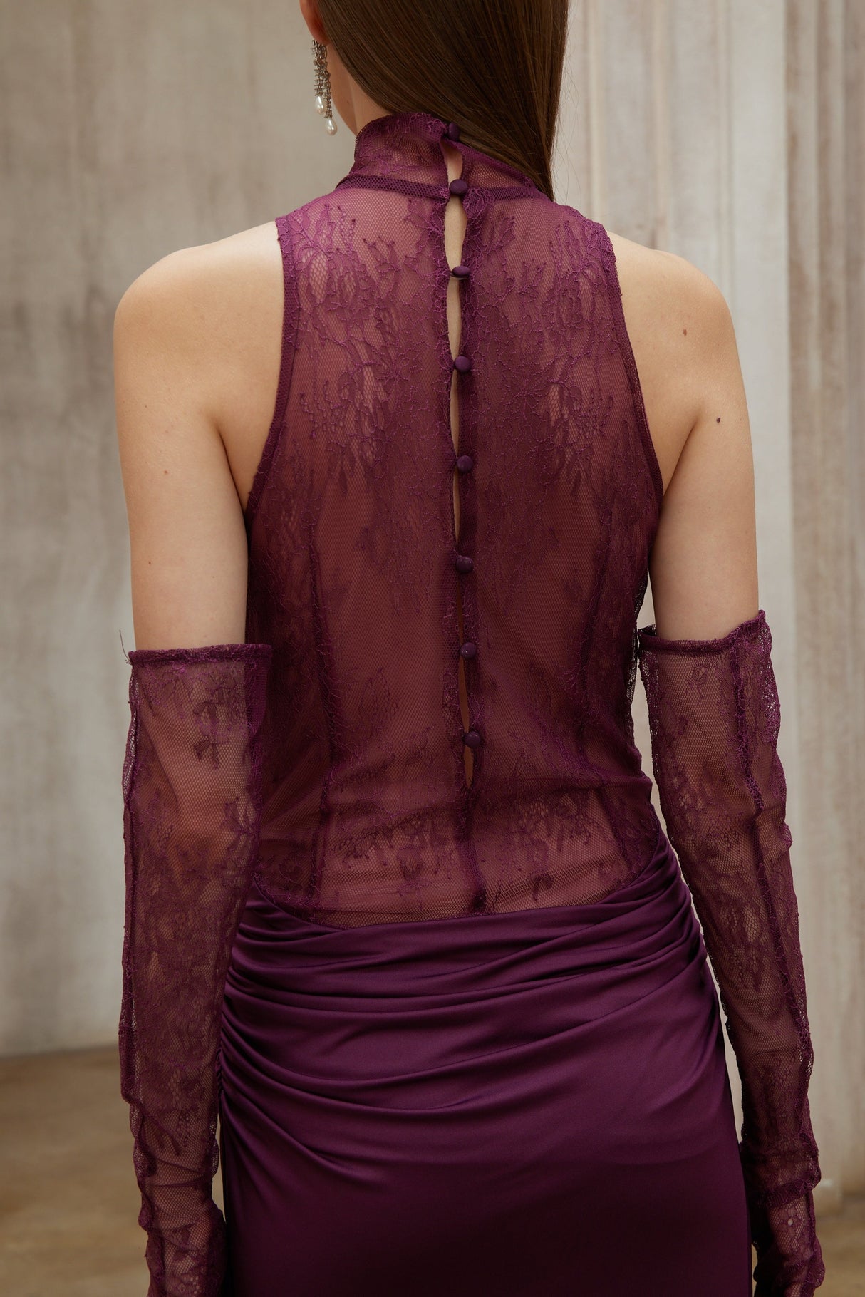 Aurohaya Borbála Magenta Lace Bodice Ruched Maxi Dress