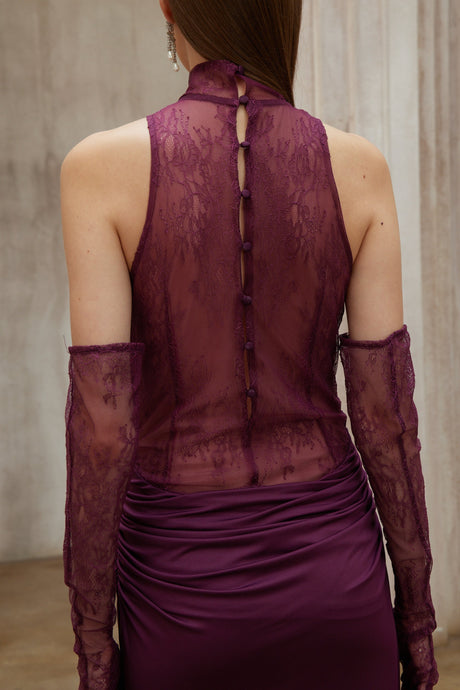 Aurohaya Borbála Magenta Lace Bodice Ruched Maxi Dress