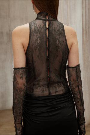 Aurohaya Borbála Black Lace Bodice Ruched Maxi Dress