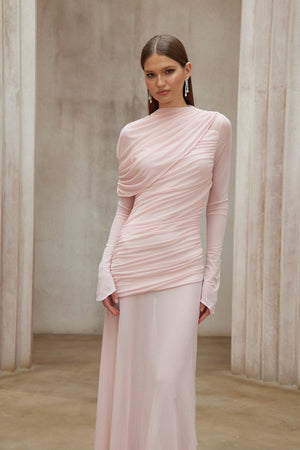 Aurohaya Garance Pink Asymmetrical Ruched Mesh Maxi Dress
