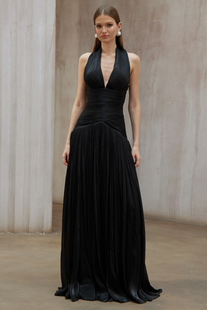 Aurohaya Verdelune Black Gathered Maxi Dress