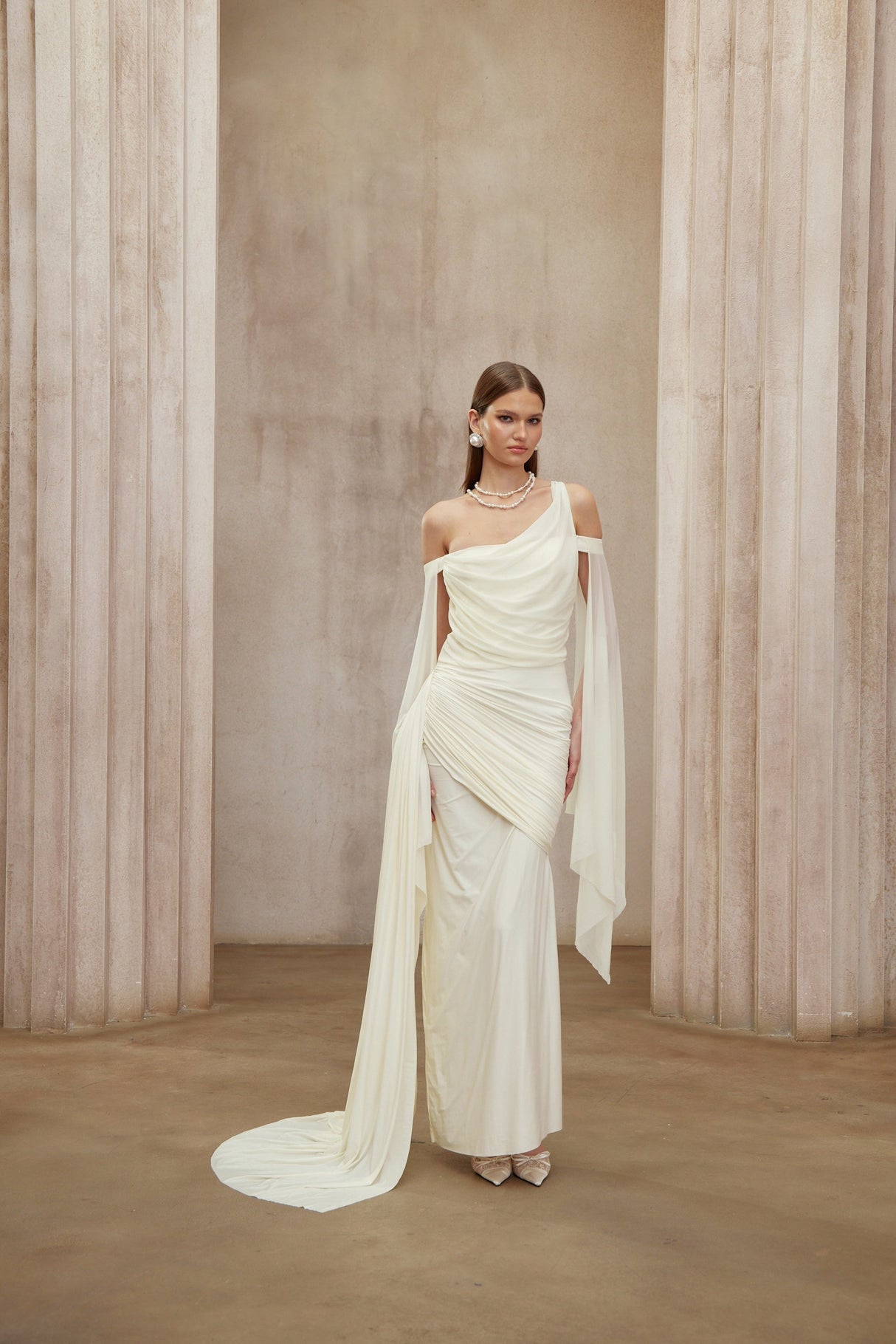 Aurohaya Aurianne White Asymmetrical Draped Maxi Dress
