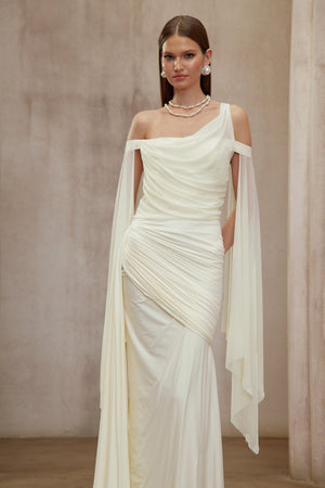 Aurohaya Aurianne White Asymmetrical Draped Maxi Dress