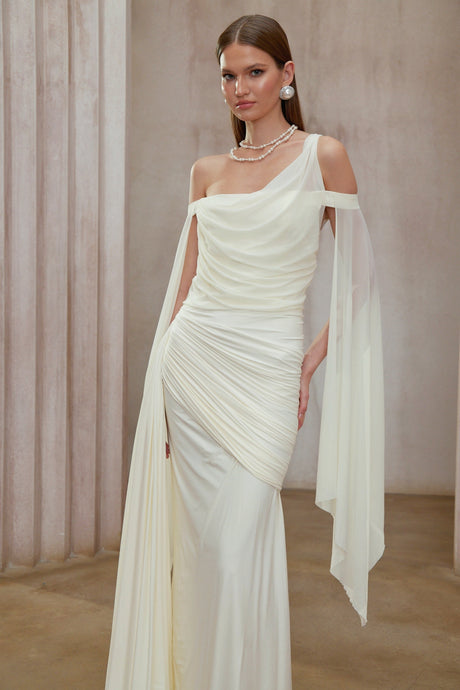 Aurohaya Aurianne White Asymmetrical Draped Maxi Dress