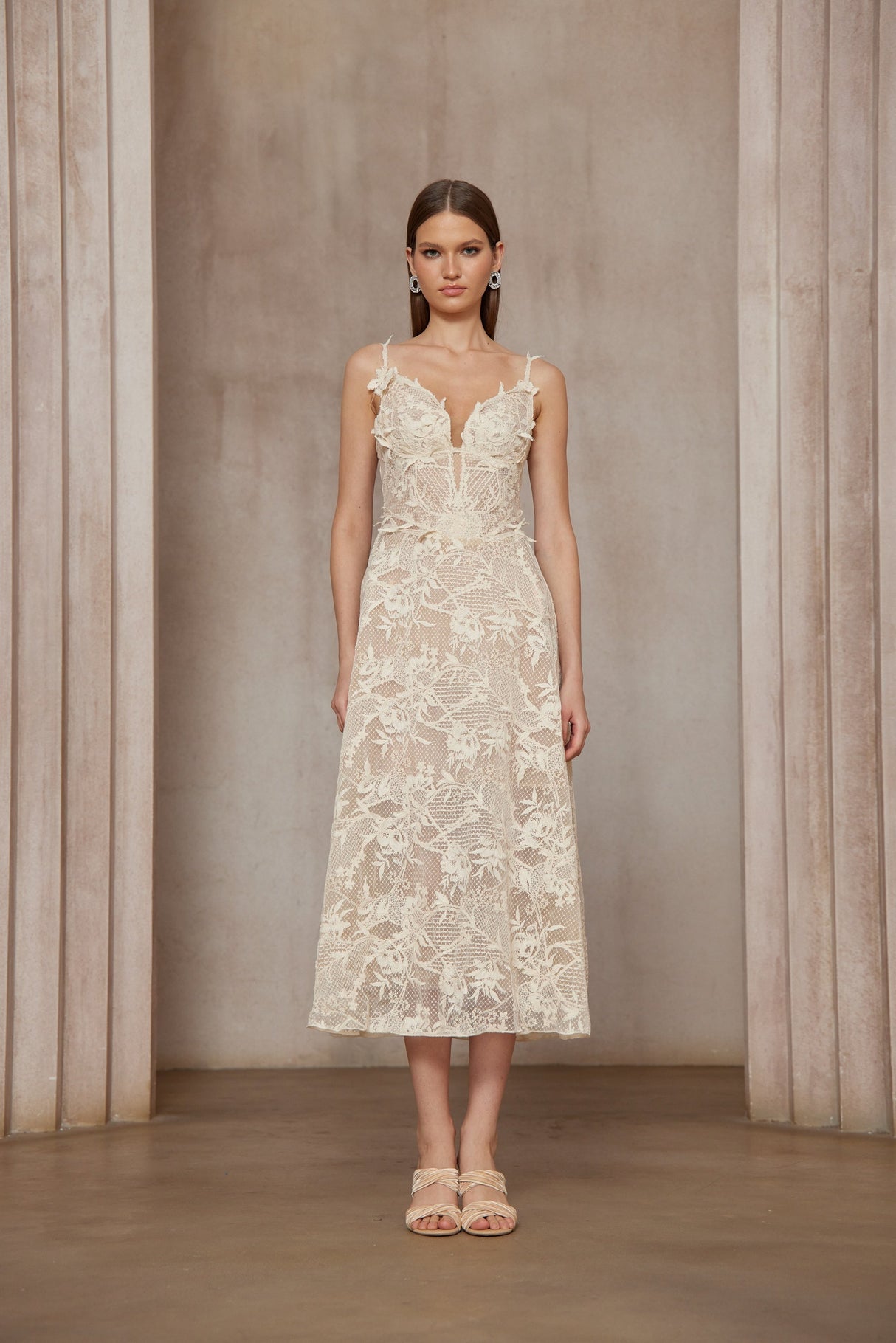 Aurohaya Amber White Sleeveless Floral Lace Midi Dress