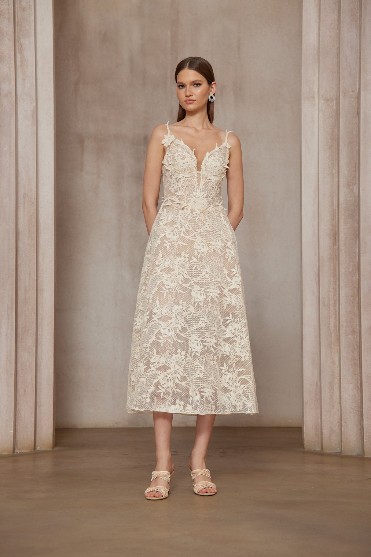 Aurohaya Amber White Sleeveless Floral Lace Midi Dress