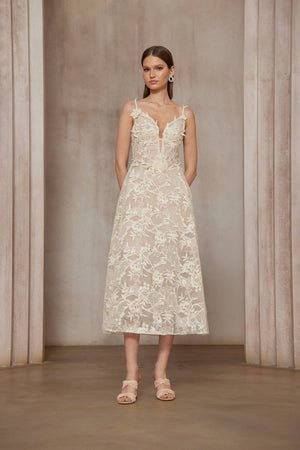 Aurohaya Amber White Sleeveless Floral Lace Midi Dress