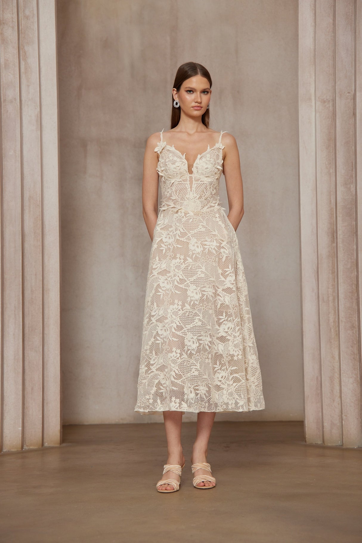 Aurohaya Amber White Sleeveless Floral Lace Midi Dress