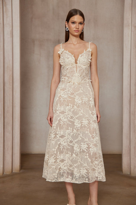 Aurohaya Amber White Sleeveless Floral Lace Midi Dress