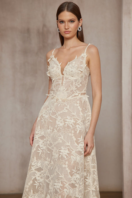 Aurohaya Amber White Sleeveless Floral Lace Midi Dress