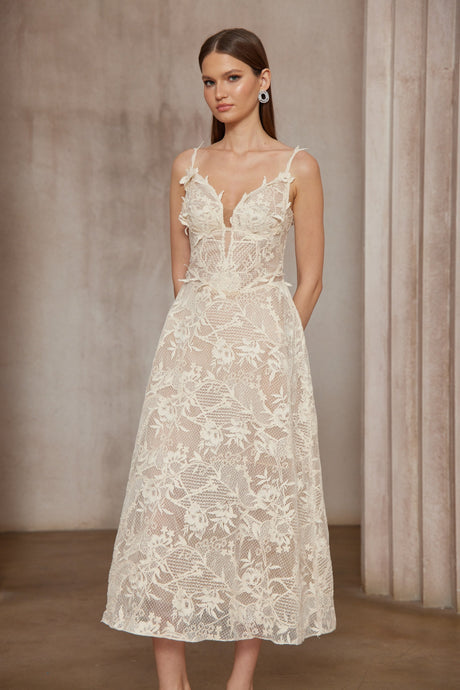 Aurohaya Amber White Sleeveless Floral Lace Midi Dress