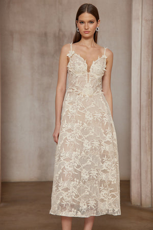 Aurohaya Amber White Sleeveless Floral Lace Midi Dress