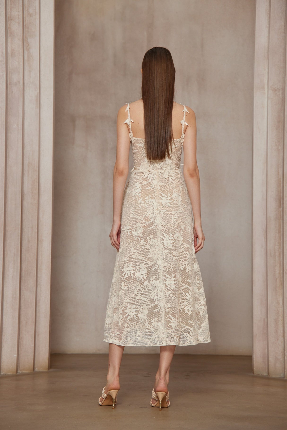 Aurohaya Amber White Sleeveless Floral Lace Midi Dress
