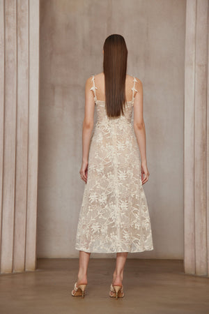 Aurohaya Amber White Sleeveless Floral Lace Midi Dress