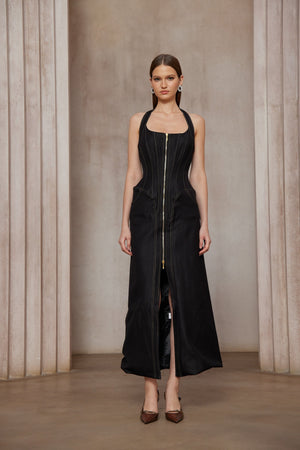 Aurohaya Adrienne black denim front-slit contrast-stitching maxi dress