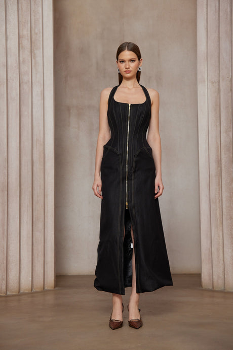 Aurohaya Adrienne black denim front-slit contrast-stitching maxi dress