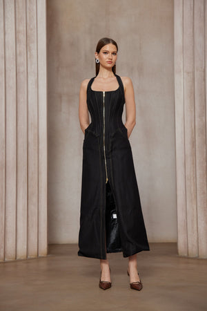 Aurohaya Adrienne black denim front-slit contrast-stitching maxi dress