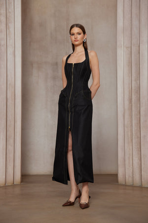 Aurohaya Adrienne black denim front-slit contrast-stitching maxi dress