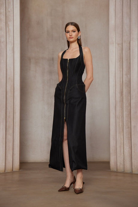 Aurohaya Adrienne black denim front-slit contrast-stitching maxi dress